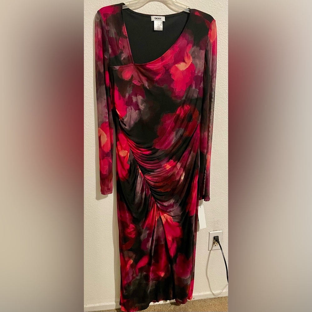 DKNY Women's Floral Long Sleeve Dress - Red and Black